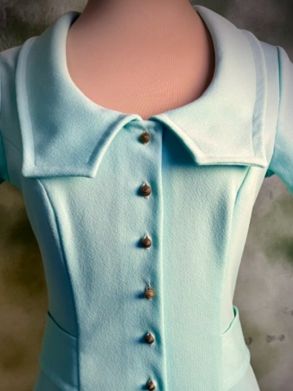 Vintage Sears Jr. Bazaar 60s Mod Mint Mini Dress Gold Buttons XS S - Picture 3 of 13